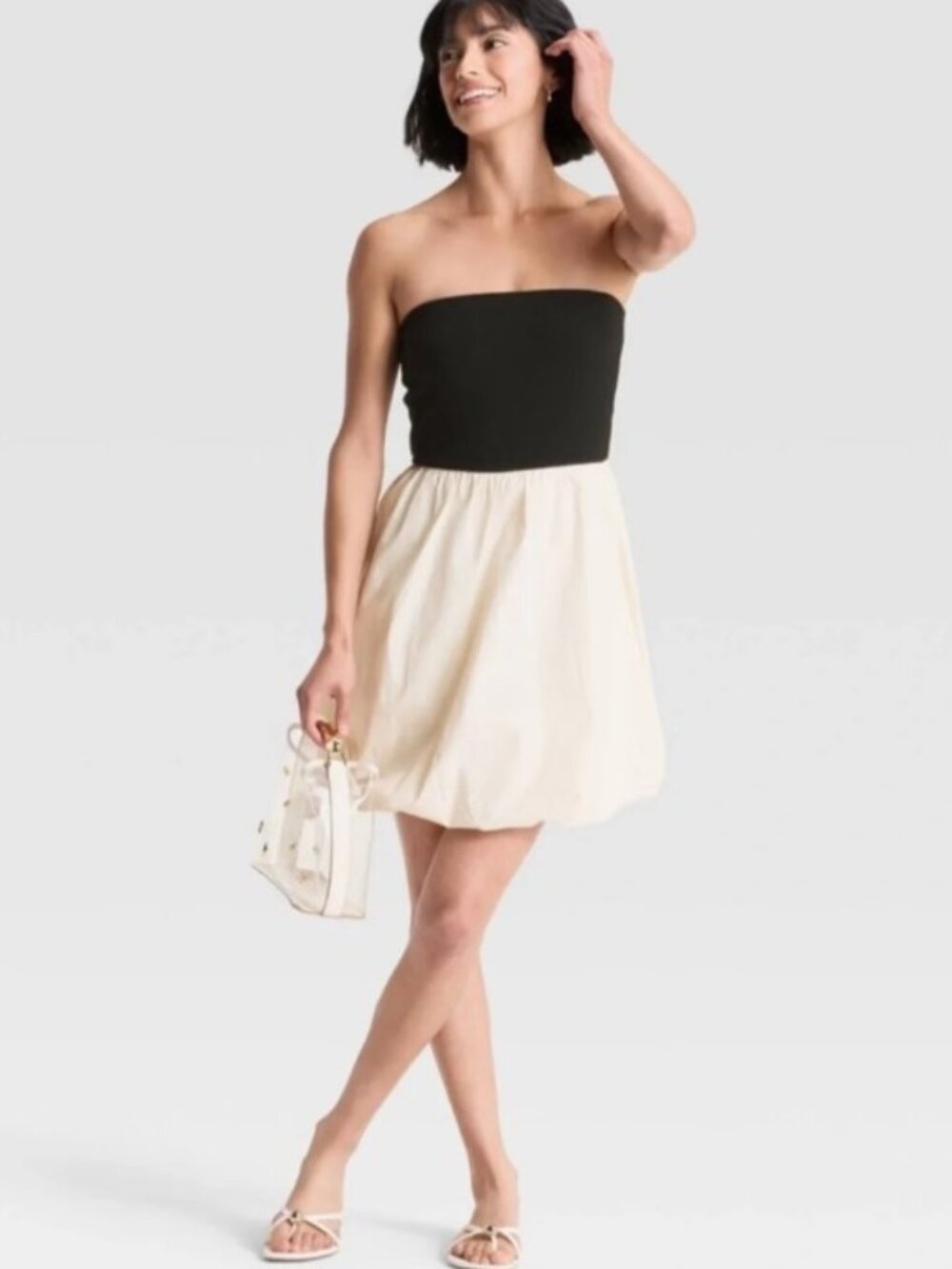 NWOT XL Midi A New Day Black Ribbed Bodice & Cream Bubble Skirt Strapless Dress